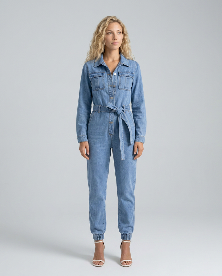 Fay | Denim Jumpsuit with Long Sleeves and Belt