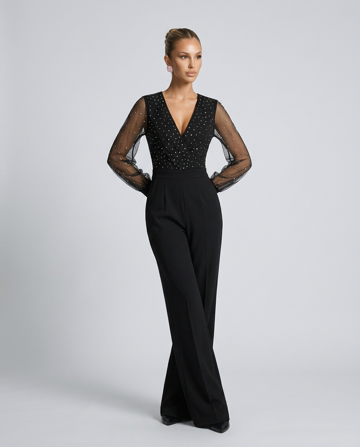 Ellen | Sequin Mesh Sleeve Jumpsuit with Wide-Leg Trousers