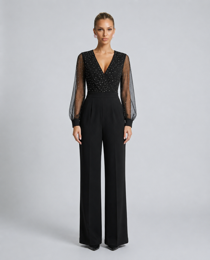 Ellen | Sequin Mesh Sleeve Jumpsuit with Wide-Leg Trousers
