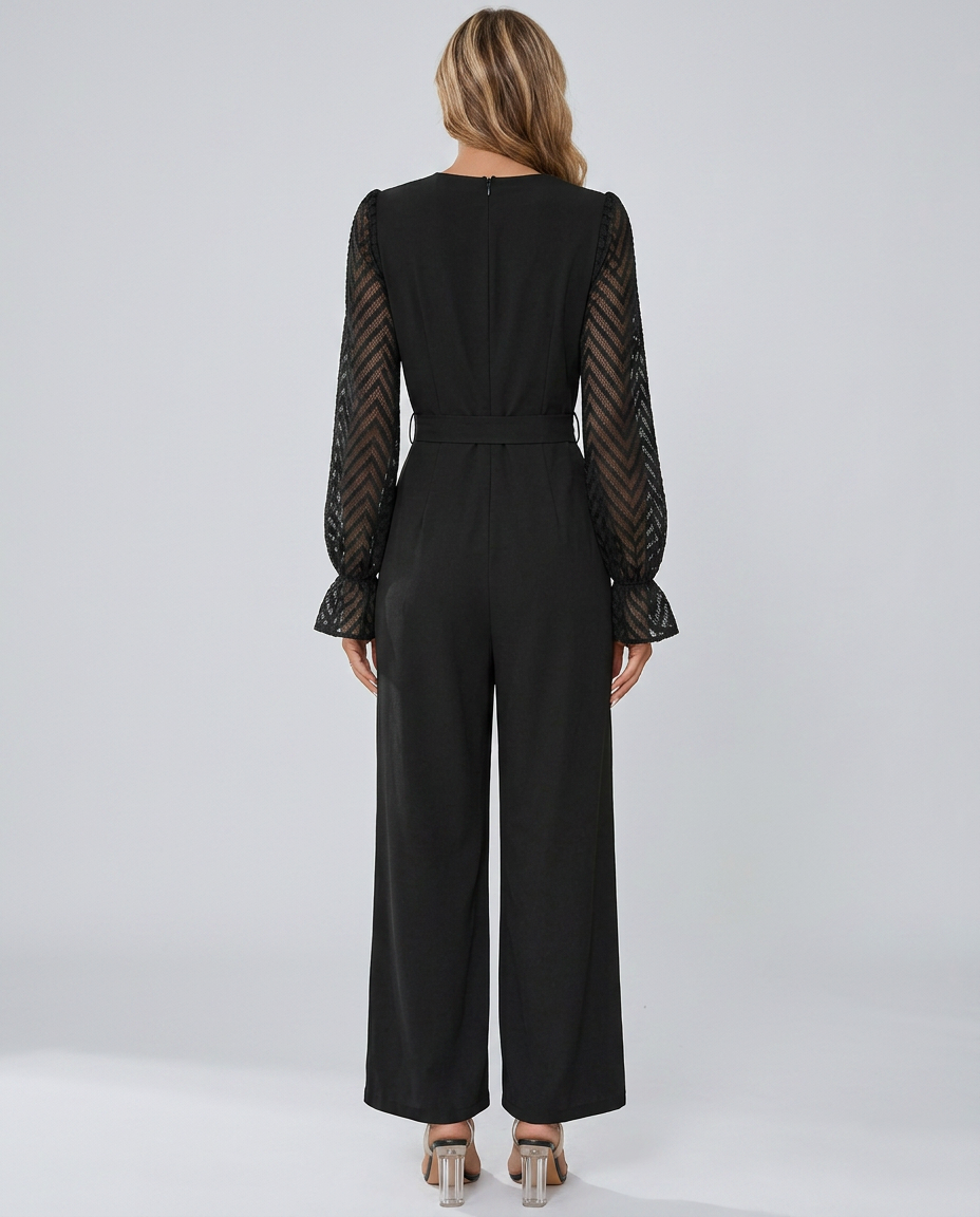 Susie | Wrap Jumpsuit with Sheer Sleeves and Waist Tie