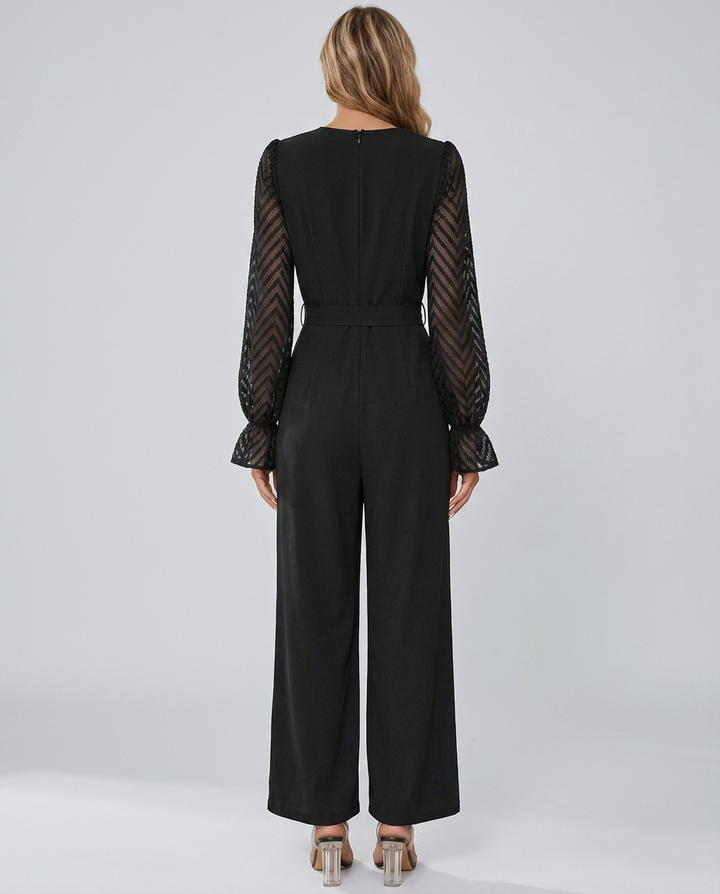 Susie | Wrap Jumpsuit with Sheer Sleeves and Waist Tie