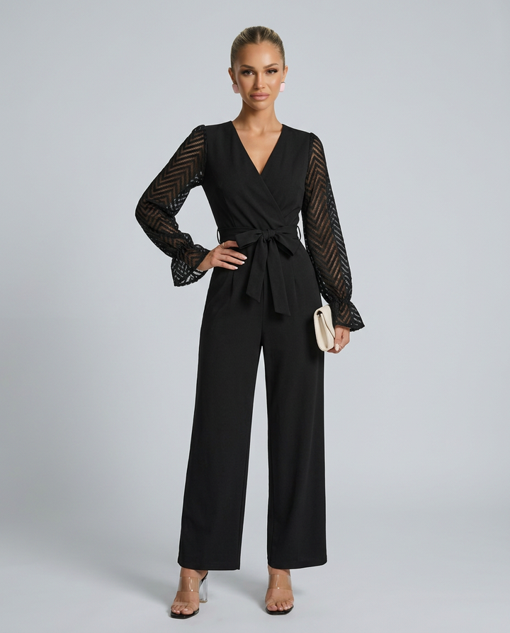 Susie | Wrap Jumpsuit with Sheer Sleeves and Waist Tie