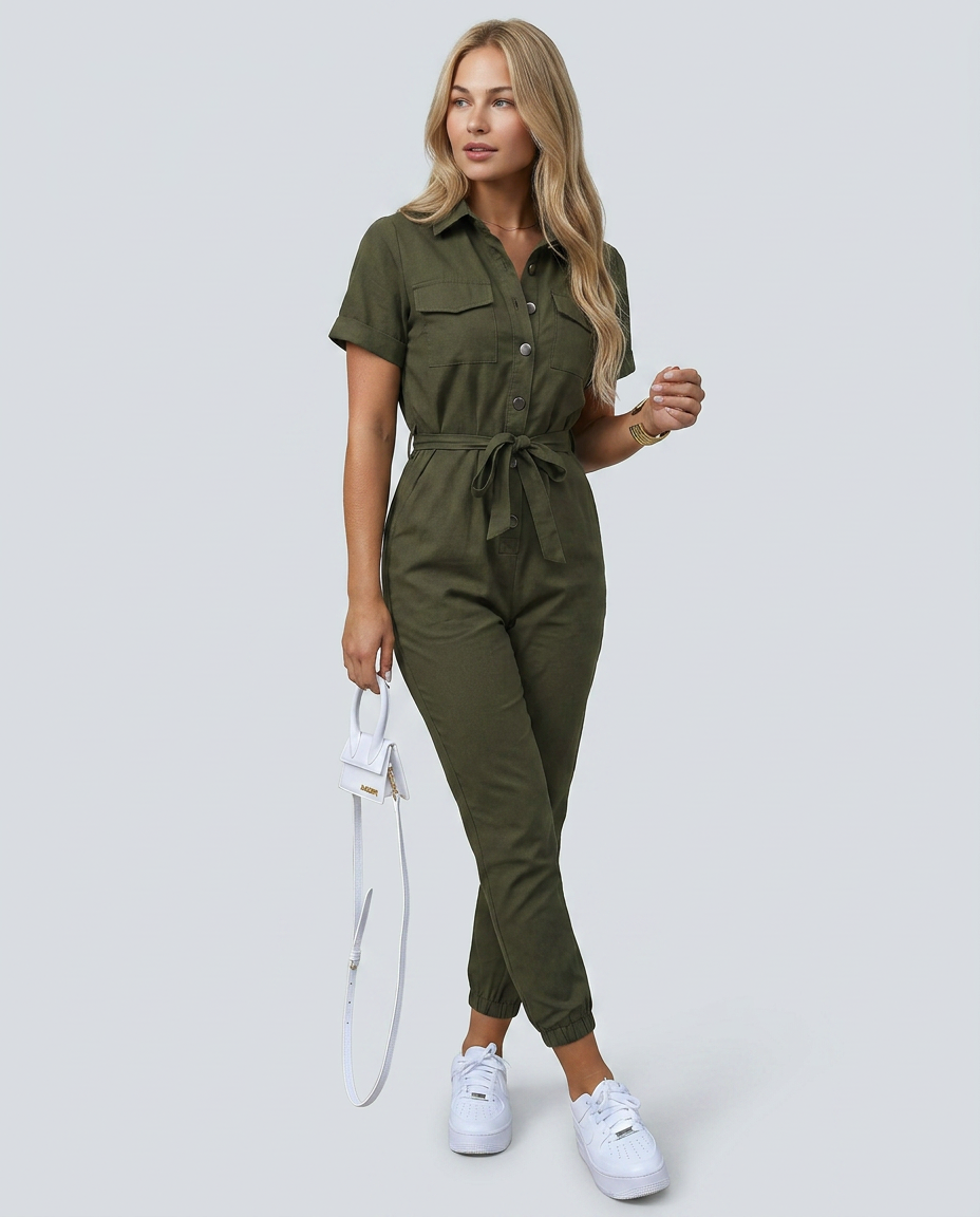 Fabiola | Button Front Jumpsuit with Waist Belt