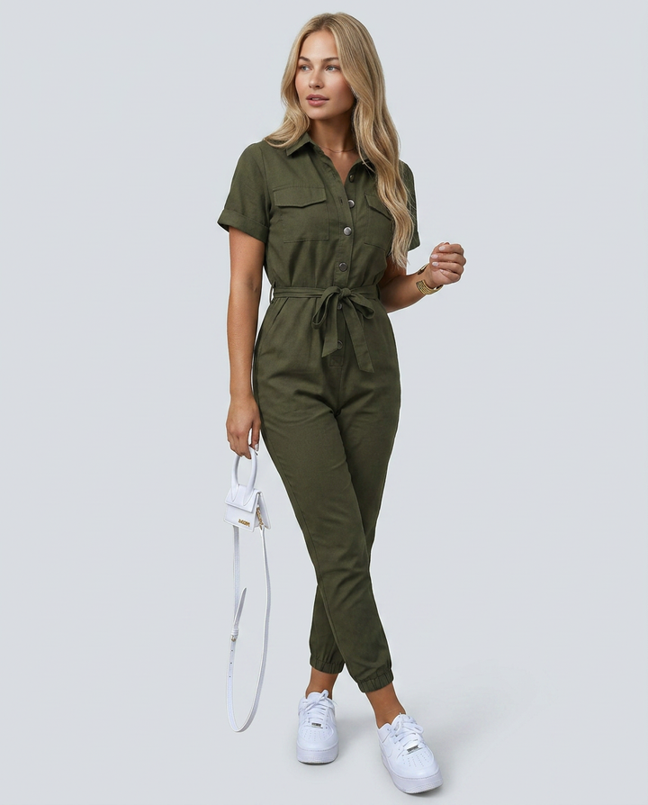 Fabiola | Button Front Jumpsuit with Waist Belt