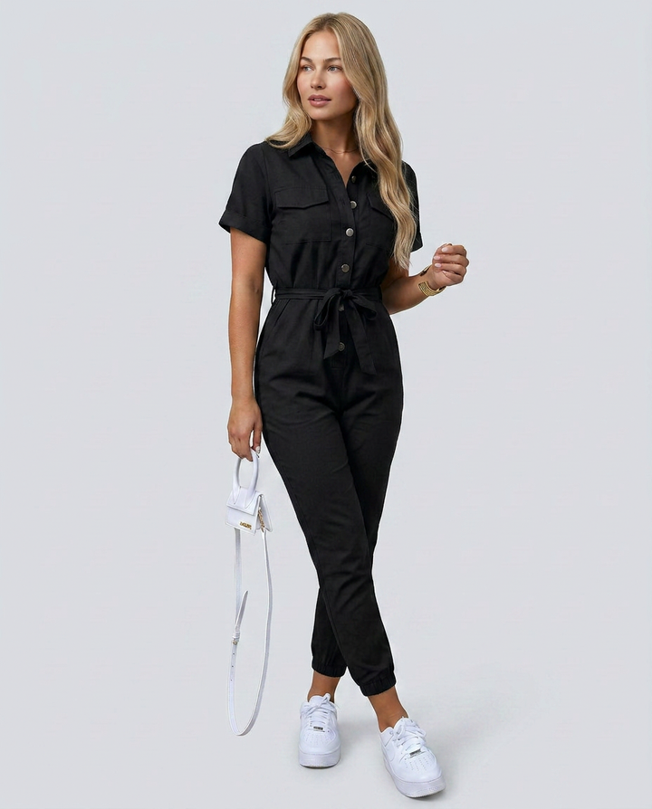 Fabiola | Button Front Jumpsuit with Waist Belt