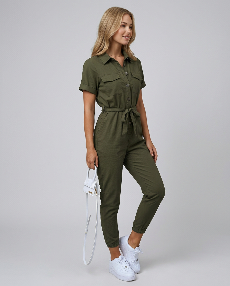 Fabiola | Button Front Jumpsuit with Waist Belt