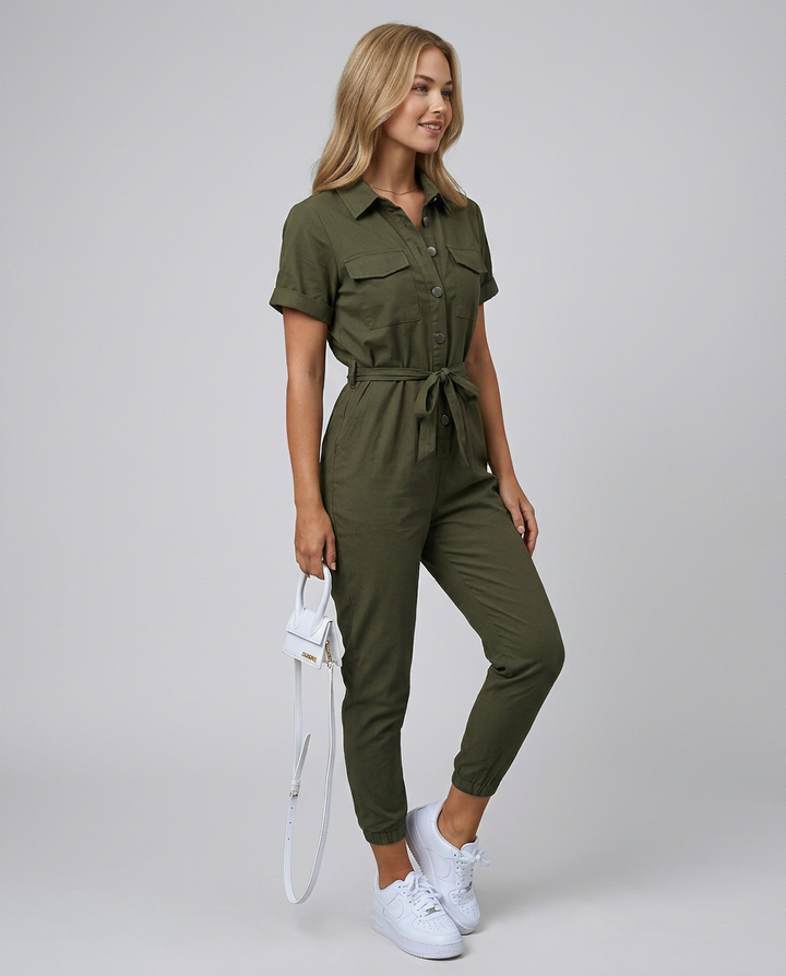 Fabiola | Button Front Jumpsuit with Waist Belt