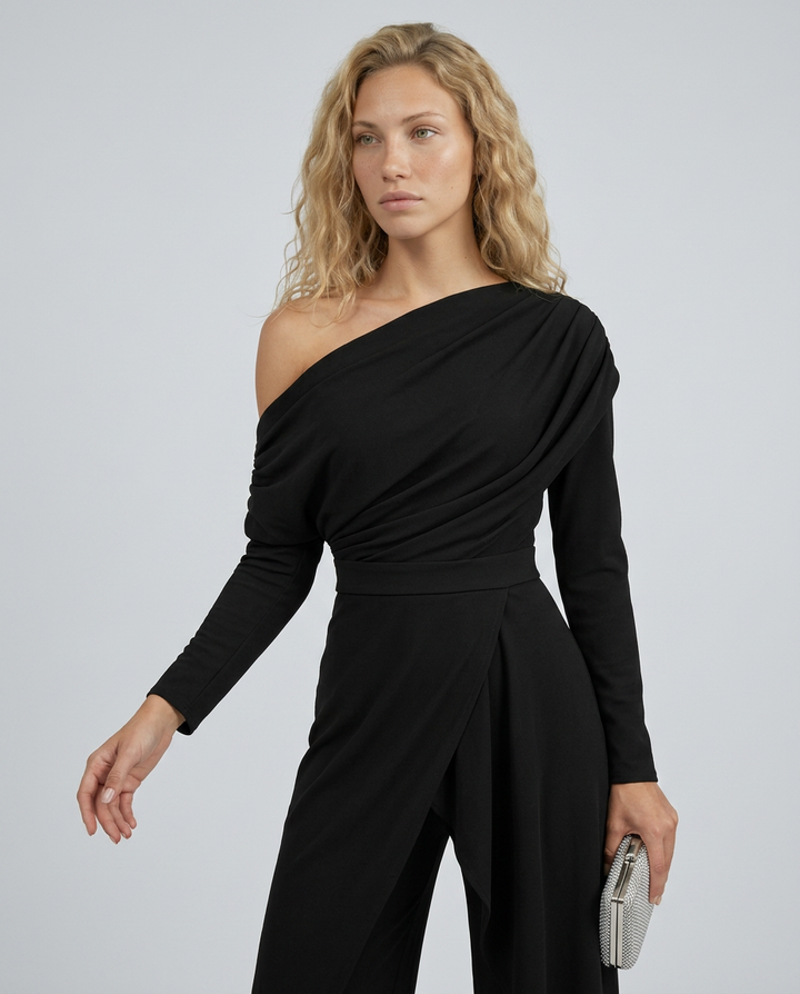 Seraphina | One Shoulder Jumpsuit with Draped Overlay