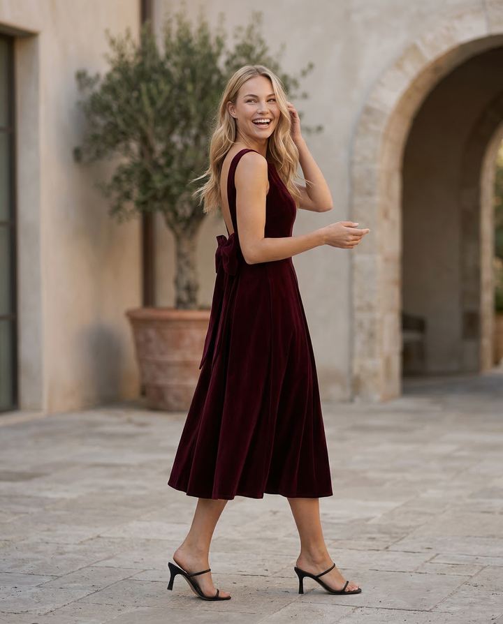 Vivienne | Midi Dress with Open Back and Bow Detail