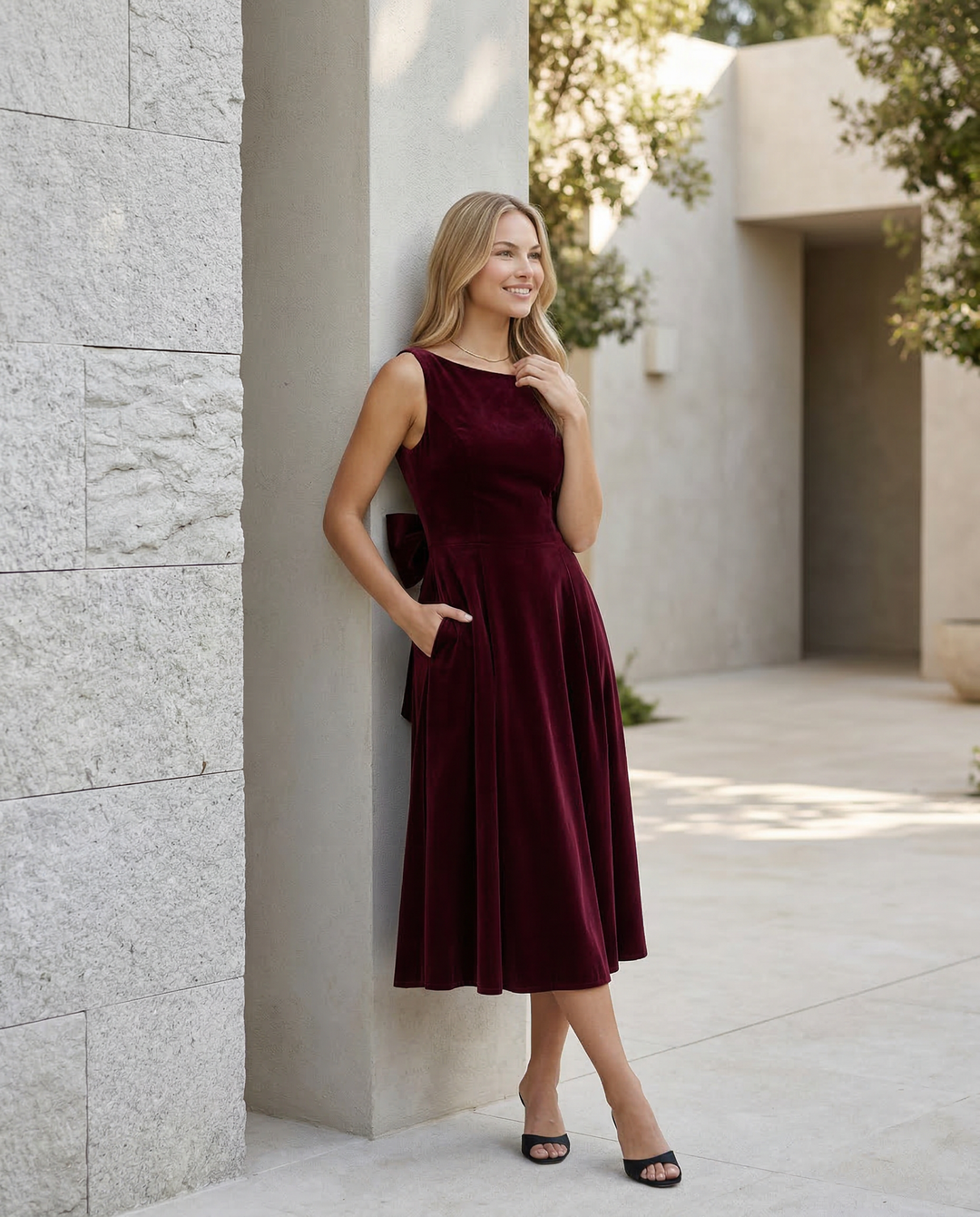 Vivienne | Midi Dress with Open Back and Bow Detail