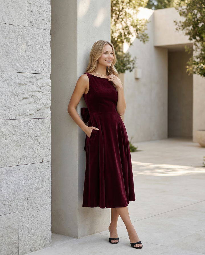 Vivienne | Midi Dress with Open Back and Bow Detail