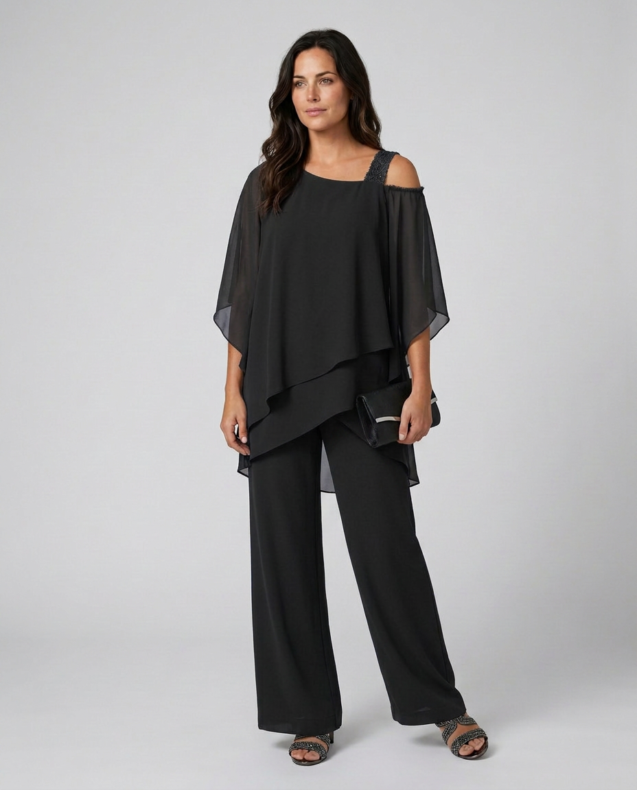 Celeste | Two-Piece Cold Shoulder Jumpsuit with Straight-Leg Trousers