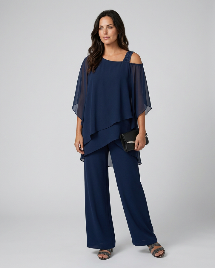 Celeste | Two-Piece Cold Shoulder Jumpsuit with Straight-Leg Trousers