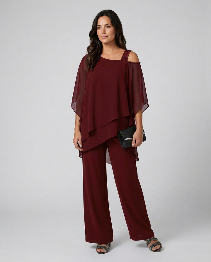 Celeste | Two-Piece Cold Shoulder Jumpsuit with Straight-Leg Trousers