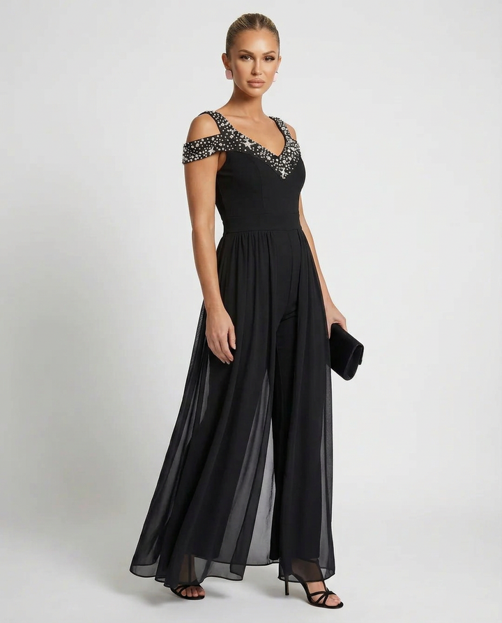 Flora | Wide-Leg Jumpsuit with Embellished Neckline