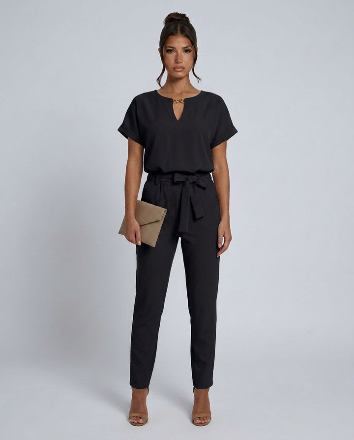 Jill | Jumpsuit with Waist Tie and Short Sleeves