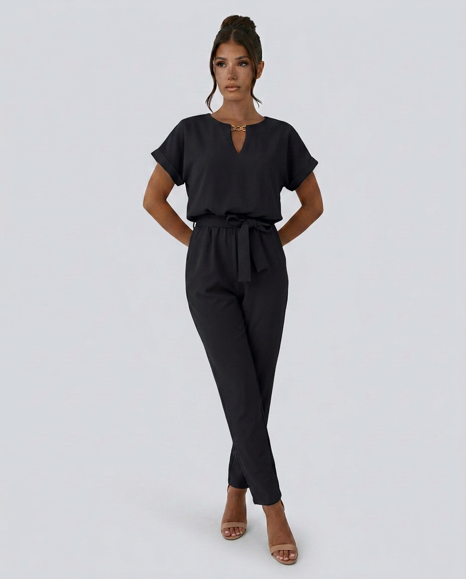 Jill | Jumpsuit with Waist Tie and Short Sleeves