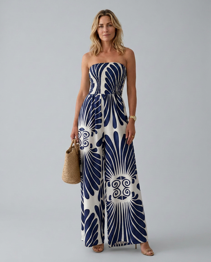 Estelle | Printed Wide-Leg Strapless Jumpsuit