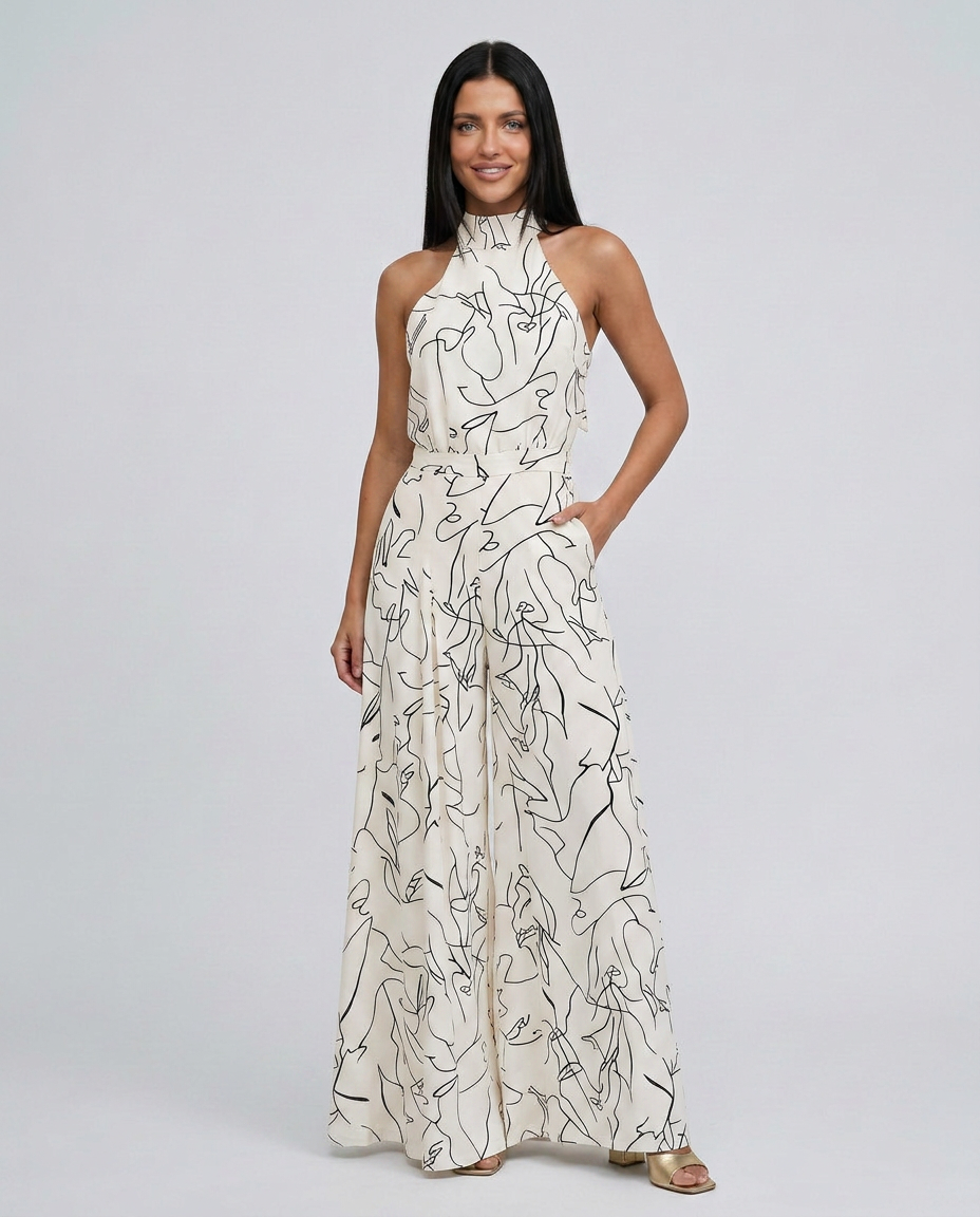 Ellen | Printed Wide-Leg Jumpsuit with Halter Neck