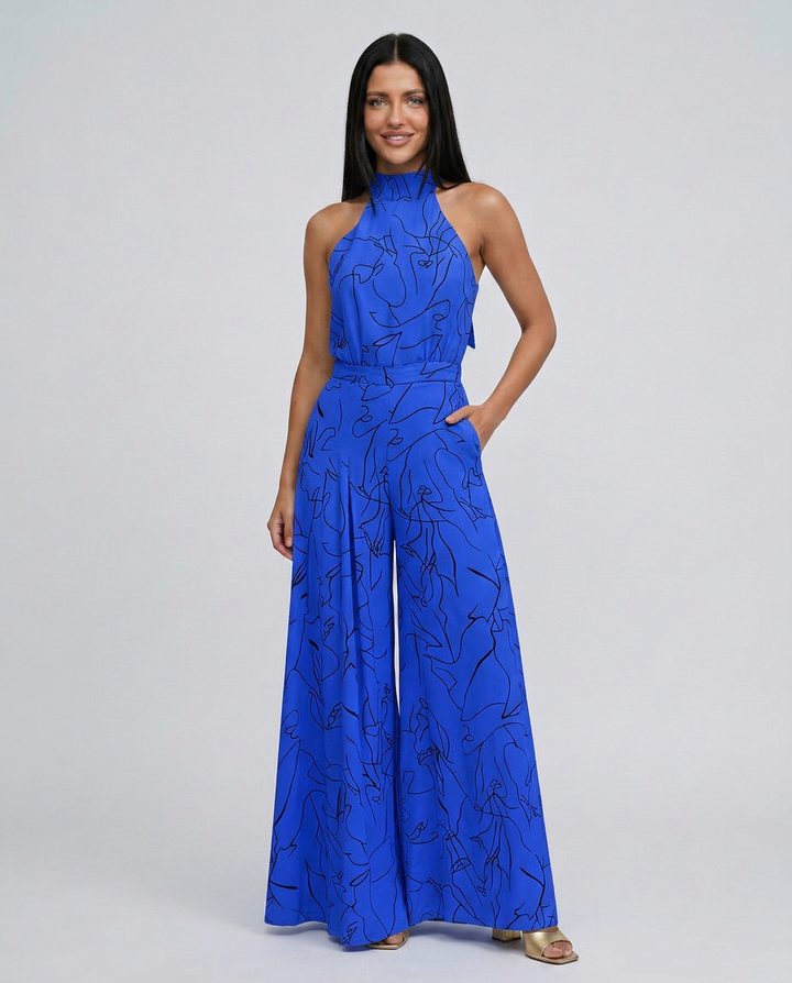Ellen | Printed Wide-Leg Jumpsuit with Halter Neck