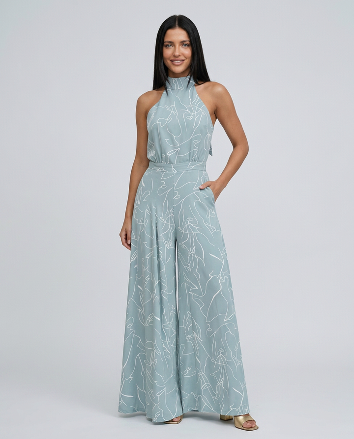 Ellen | Printed Wide-Leg Jumpsuit with Halter Neck