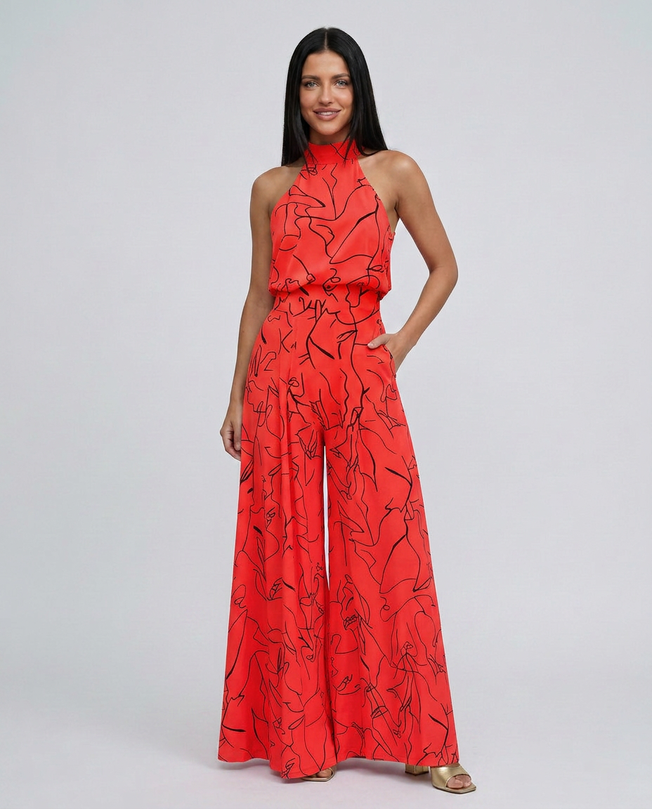 Ellen | Printed Wide-Leg Jumpsuit with Halter Neck
