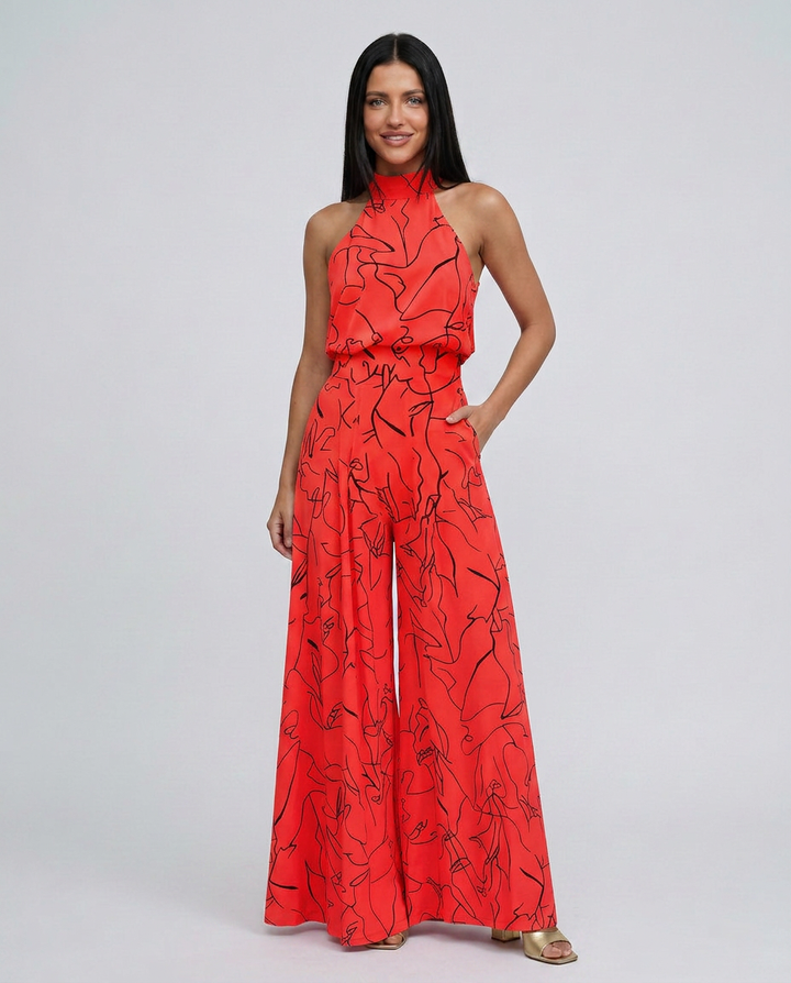 Ellen | Printed Wide-Leg Jumpsuit with Halter Neck