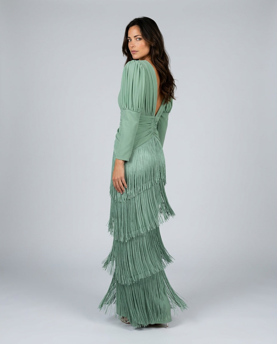 Vera | Fringe Detail Long Sleeve Maxi Dress