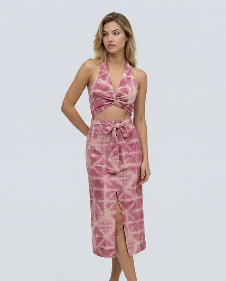 Brooklyn | Tie &amp; Dye Draped Midi Dress with Front Knot
