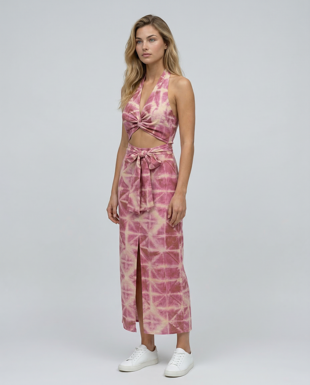 Brooklyn | Tie &amp; Dye Draped Midi Dress with Front Knot