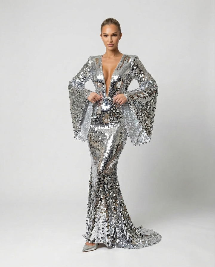 Celeste | Sequin Maxi Evening Dress with Silver Overlay