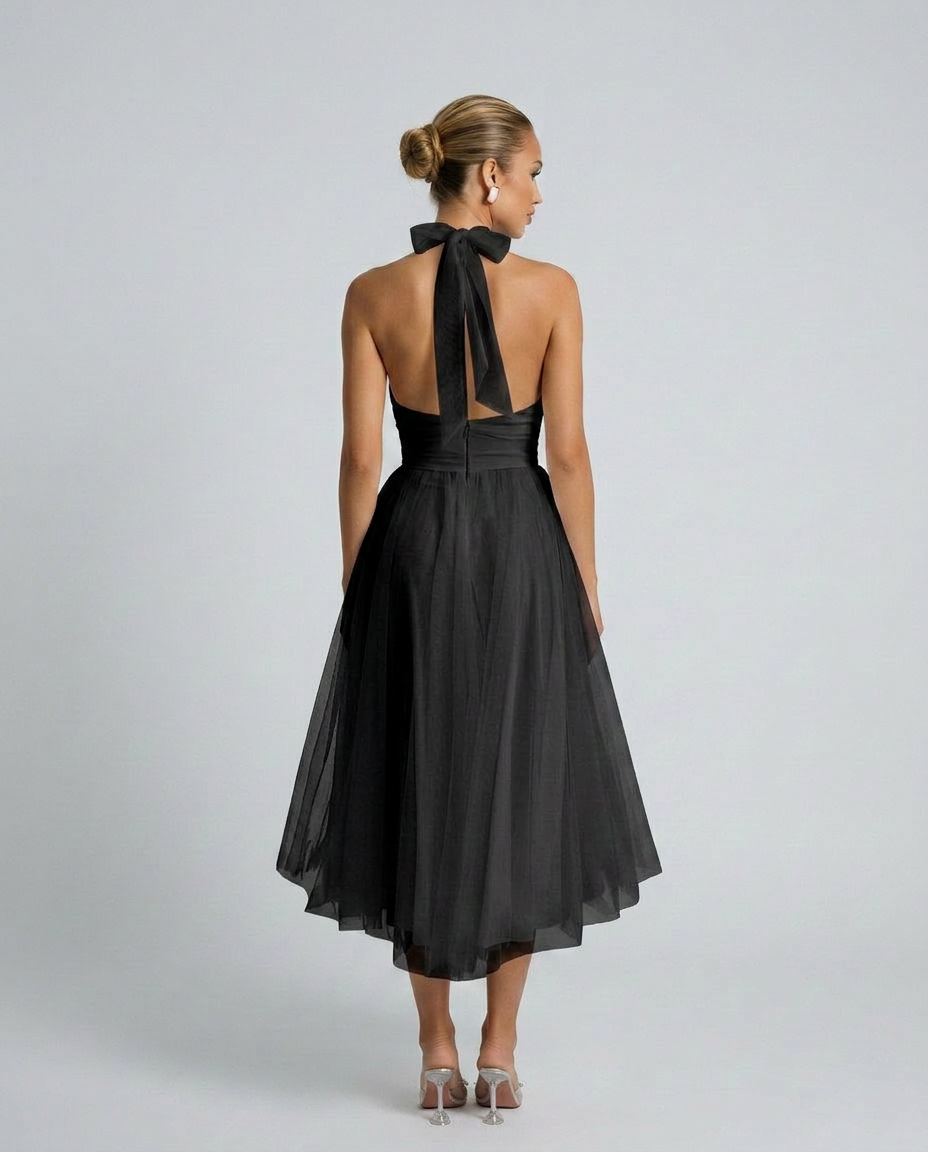 Gracie | Halter Neck Midi Dress with Pleated Tulle Skirt