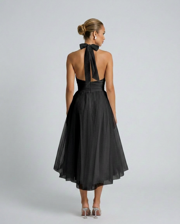 Gracie | Halter Neck Midi Dress with Pleated Tulle Skirt