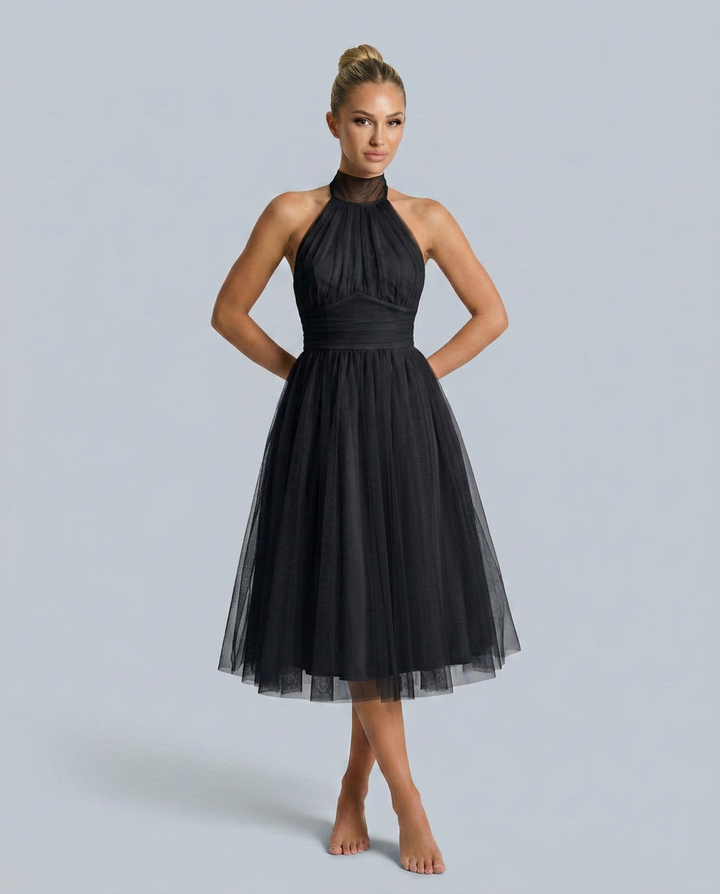 Gracie | Halter Neck Midi Dress with Pleated Tulle Skirt