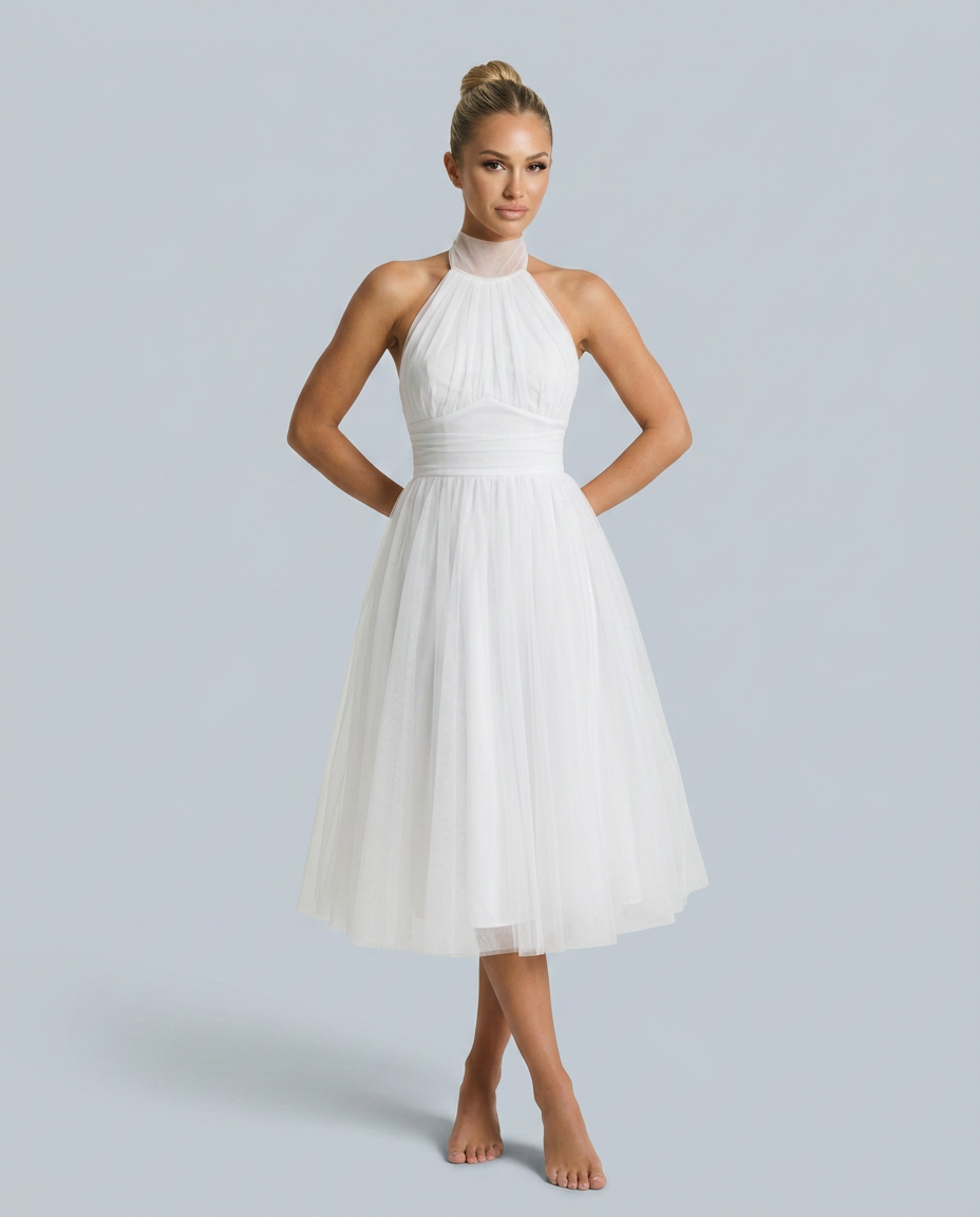 Gracie | Halter Neck Midi Dress with Pleated Tulle Skirt