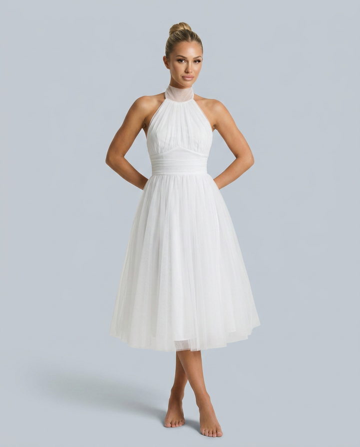 Gracie | Halter Neck Midi Dress with Pleated Tulle Skirt