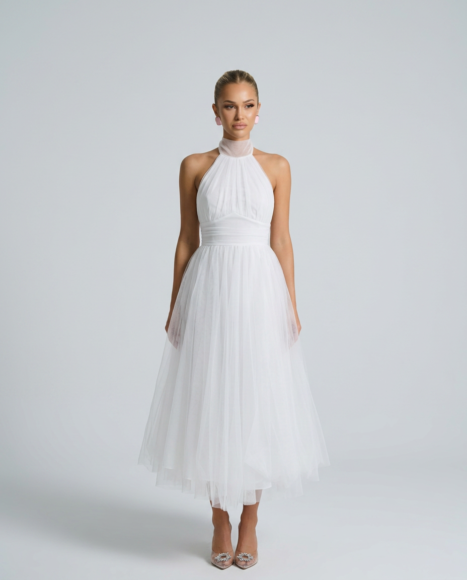 Gracie | Halter Neck Midi Dress with Pleated Tulle Skirt