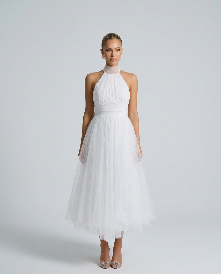 Gracie | Halter Neck Midi Dress with Pleated Tulle Skirt