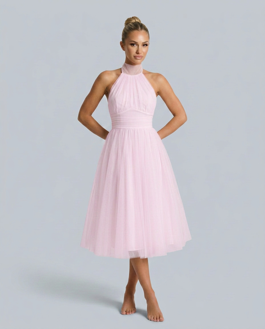 Gracie | Halter Neck Midi Dress with Pleated Tulle Skirt