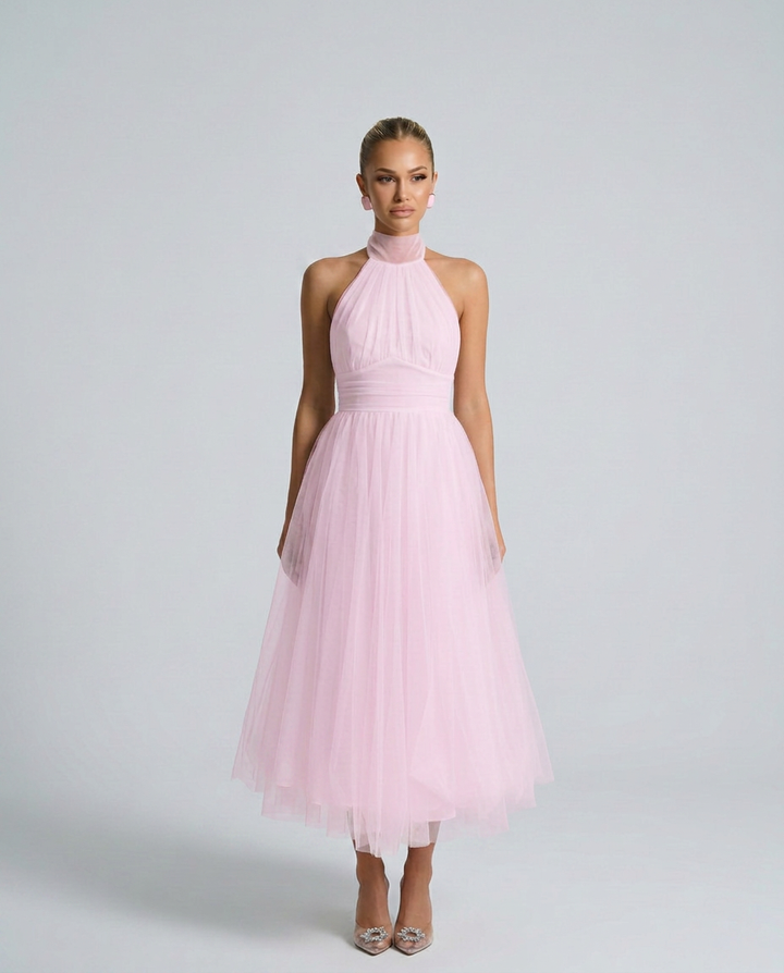Gracie | Halter Neck Midi Dress with Pleated Tulle Skirt