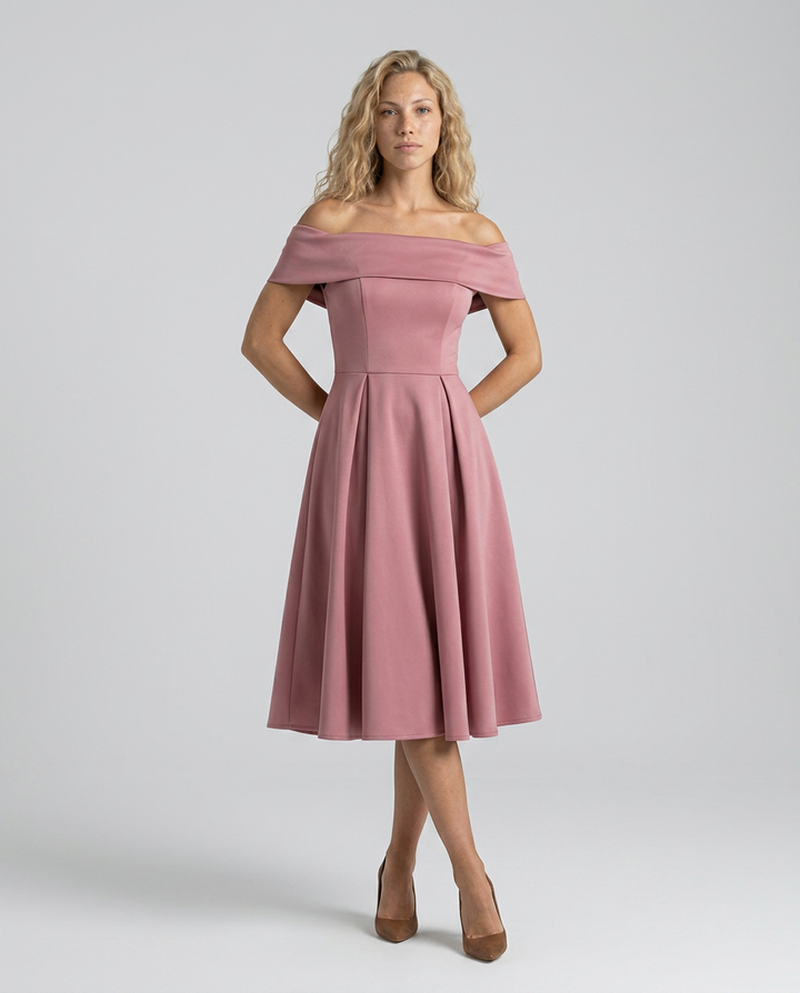 Amy | Off-Shoulder Midi Dress with Pleated Skirt
