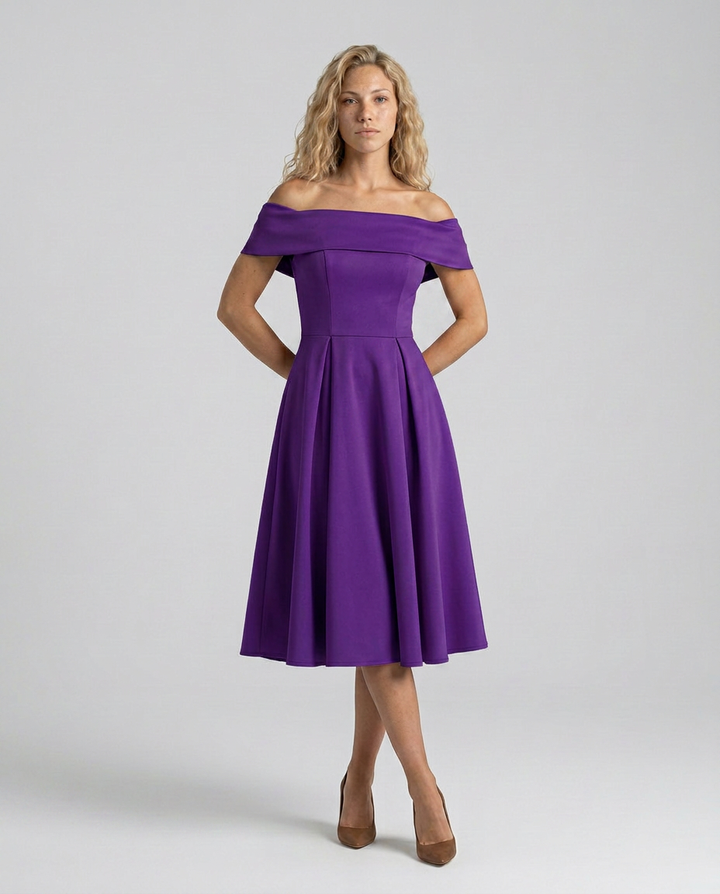 Amy | Off-Shoulder Midi Dress with Pleated Skirt