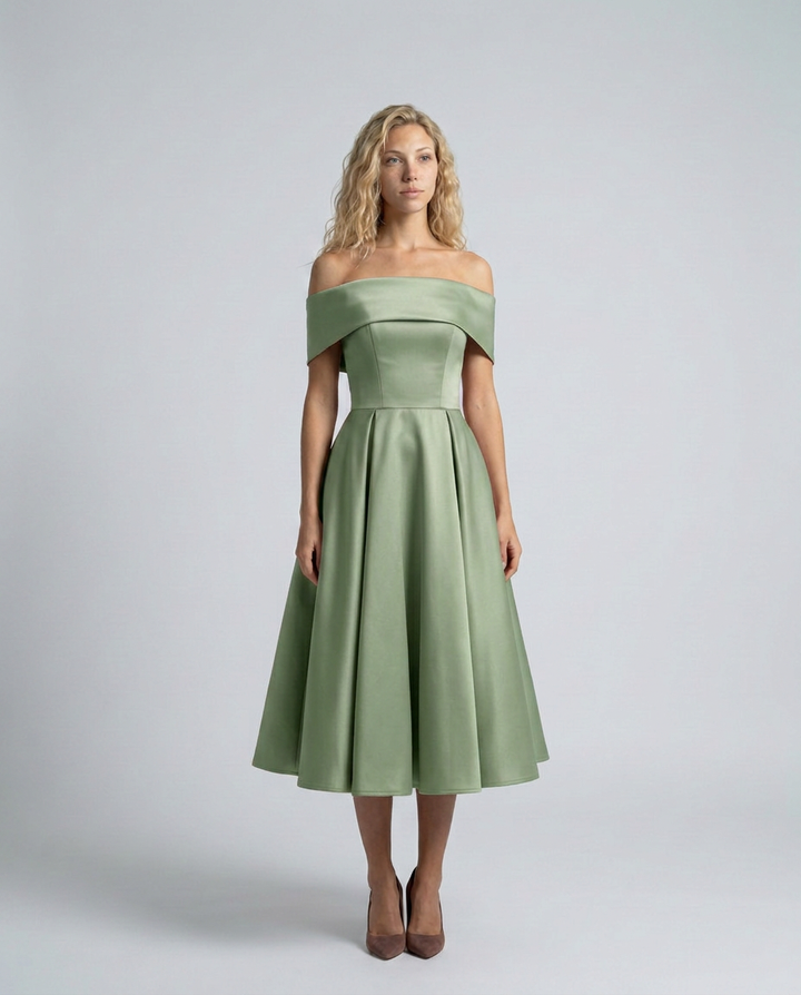 Amy | Off-Shoulder Midi Dress with Pleated Skirt