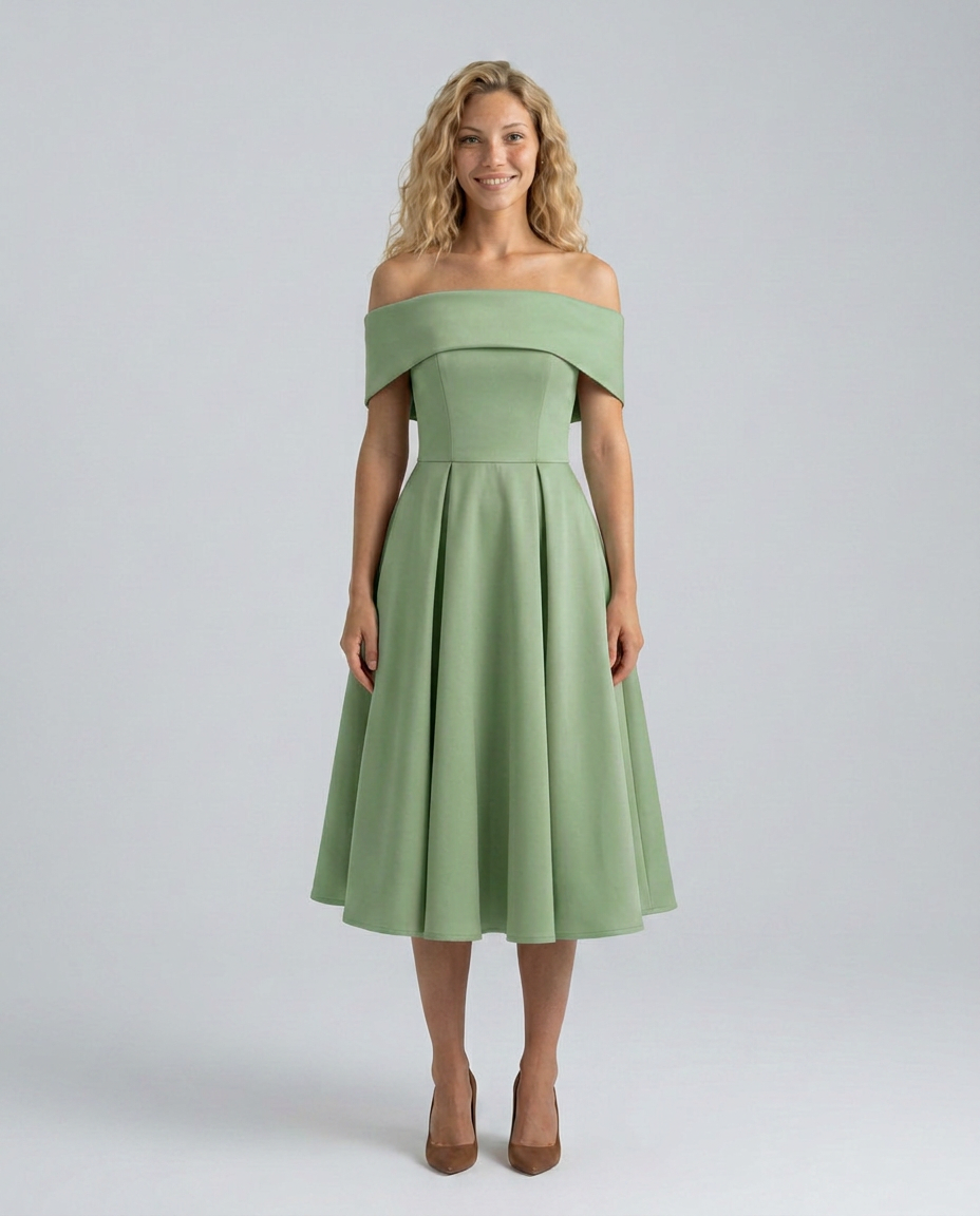 Amy | Off-Shoulder Midi Dress with Pleated Skirt