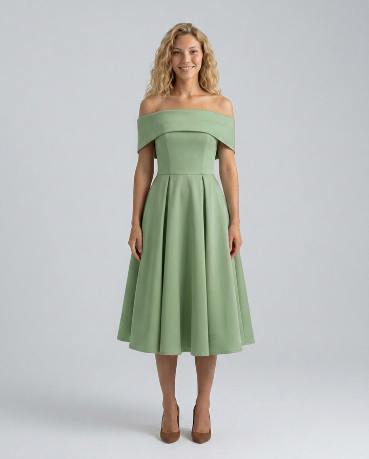 Amy | Off-Shoulder Midi Dress with Pleated Skirt