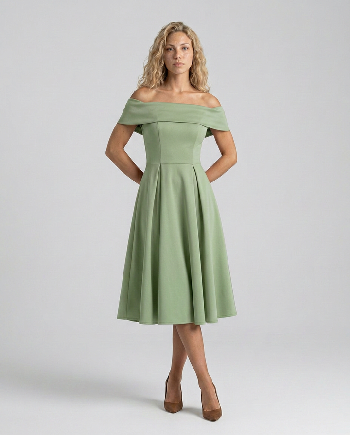 Amy | Off-Shoulder Midi Dress with Pleated Skirt