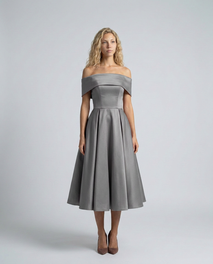 Amy | Off-Shoulder Midi Dress with Pleated Skirt