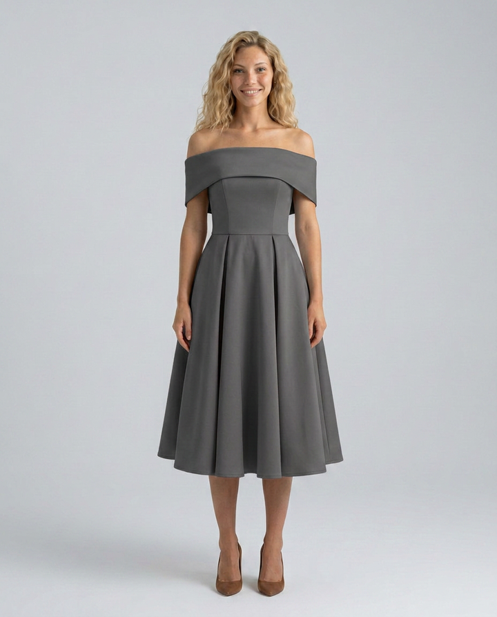 Amy | Off-Shoulder Midi Dress with Pleated Skirt