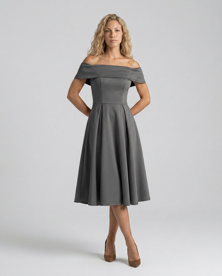 Amy | Off-Shoulder Midi Dress with Pleated Skirt