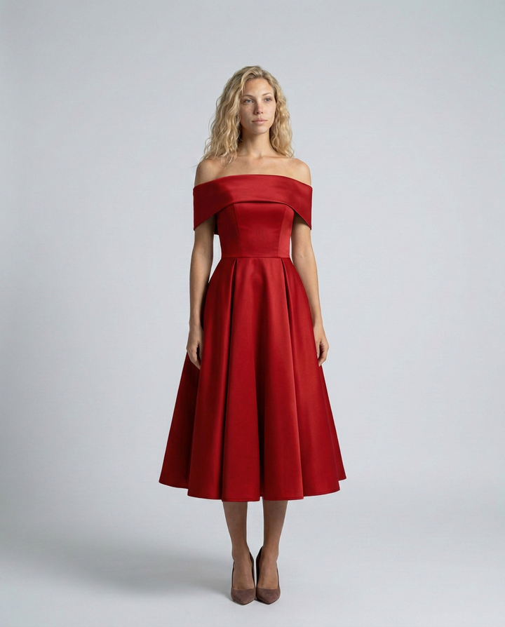 Amy | Off-Shoulder Midi Dress with Pleated Skirt